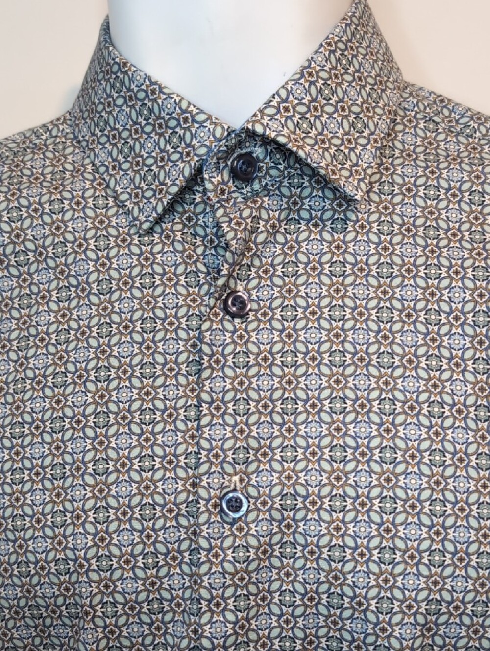 Soul Of London Blue Geometric Pattern Button Front Shirt Medium Long Sleeves